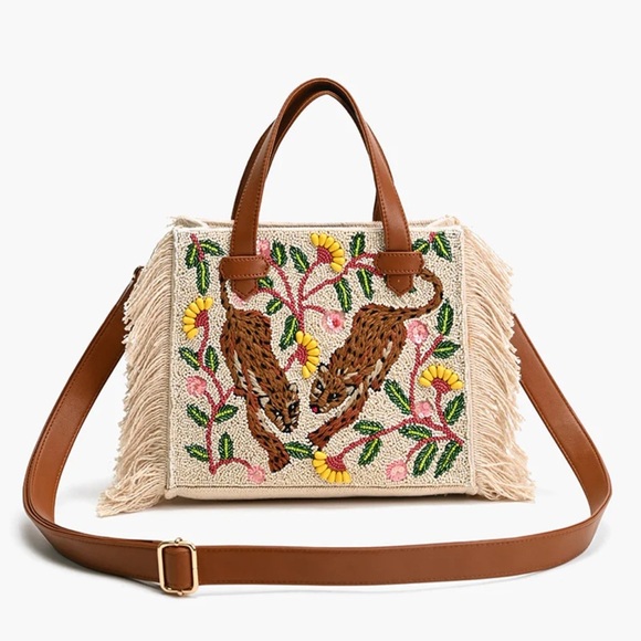 American & Beyond | Temur Leopard Fringe Tote w/ Crossbody Strap - Picture 1 of 13